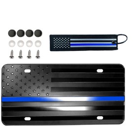 American Black USA Law Enforcement Police Support Honoring Embossed Flag Custom Designed Aluminum 4 Hole License Plate, 3D Stars and Stripes Patriotic Vanity Gift Textile US Flag Keychain
