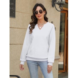 EADINVE Womens V Neck Sweatshirts with Pockets Fleece Pullover Casual Loose Fit Long Sleeve Tops Fall Clothes 2025 White