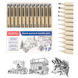 RUISTLI Estilografos (12 PCS) Rotuladores Punta Fina a Grueso,Plumas Negras Para Rotuladores y Dibujo,Estilógrafo para Caligrafía,Escribir,Diseñar,Cómic