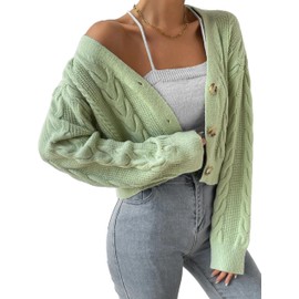 Women's Long Sleeve Button V Neck Soft Knit Cardigan Sweaters Cropped Cardigan Sweaters for Women Cute Cable Knit Outerwear Mint Green