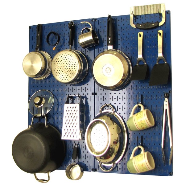 Wall Control Kitchen Pegboard Organizer Pots and Pans Pegboard Pack Storage and Organization Kit with Blue Pegboard and Black Accessories