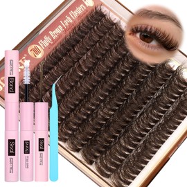 JIMIRE Brown Cluster Lashes Natural Brown Individual Eyelashes Kit Wispy Fluffy Eyelash Extension Kit with Glue Brown Bond and Seal Brown Individual Lashes Individual Cluster 10-18MM Lash Clusters