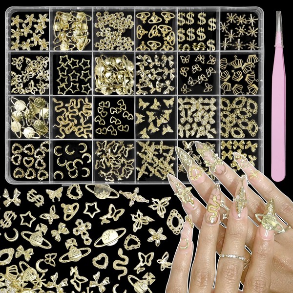240 Pcs 3D Gold Nail Charms, Mixed Alloy Crown Bows