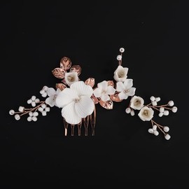 BERYUAN Rose Gold Leaf Flowers Pearls Hair Comb Handmade Leaf Flowers Wedding Hair Comb Pearls Wedding Headpiece Wedding Hairpiece for Women Girls (rose gold)