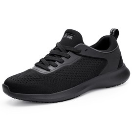 SPIEZ Mens Non Slip Shoes, SRC Slip-Resistant Certified Food Service Shoes, Lightweight Breathable Slip On Work Sneakers Black US7.5-12
