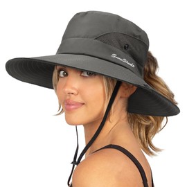 DRESHOW Women's Sun Hat Outdoor UV Protection Hat Foldable Mesh Wide Brim Fishing Ponytail Beach Bucket Hats, 1 Pack: Dark Grey