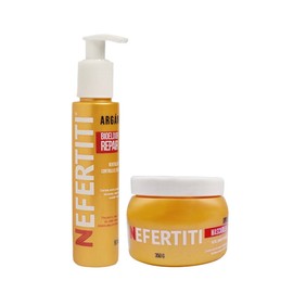 Kit Nefertiti Aceite de Argán Mascarilla para Cabello Deshidratado Seco y Opaco + Bioelixir de Argán con Protección Térmica, Hidrata, Nutre y Revitaliza la Hebra Capilar, Elimina El Frizz y Las Puntas Abiertas, Protector de Calor