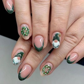 Christmas Short Fake Nails Almond Press on Nails French Tip False Nails with Designs Santa Claus Full Cover Artificial Acrylic Nails Glossy Holly Stick on Nails Glitter Green Glue on Nails for Women