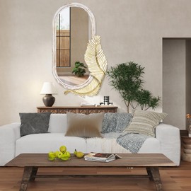 Yamyeud Oval Wall Mirror Decorative, Rustic White Wood Mirrors with Elegant Feather for Living Room, Bedroom, Bathroom, Hallway, 22x40 Inch