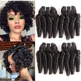 Molefi Brazilian Funmi Hair Curly Weave 3 Bundles with Lace Closure Spiral Curl Hair Bundles with 4x2 T Lace Closure 100% Human Hair Extensions 100g/pc Natural Black (14 14 14+12)