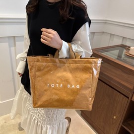 OWGSEE PVC Tote Bag for Women Solid Color Large Letter Print Tote Bag Kraft Paper Clear Plastic Shoulder Handbag(Brown)
