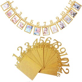 Birthday Photo Garland Photo Frame Decoration 1 Year 12 Months Birthday Party Celebration Decor Wall Hanging Picture Frame Picture Frame Anniversary Baby Wedding with String (Gold)