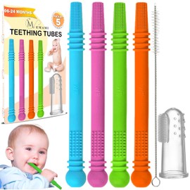 M. Emami Baby Teether Tubes - Pack of 4 Hollow Teething Sticks with 1 Cleaning Brush & Toothbrush - 100% Food Grade Silicone, BPA Free, and Dishwasher Safe - 4 Vibrant Colors for 6-18 Months Babies