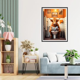 QQYRHN 5D Newspaper Reading Cow Diamond Painting Kit for Adults Beginners Toilet Diamond Art Kits Complete DIY Bathroom Diamond Embroidery Set Perfect for Relaxation and Decoration 30 x 40 cm