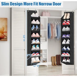 SLEEPING LAMB 2 Pack Narrow Over The Door Shoe Organizer with 8 Large Deep Pockets, Hanging Shoe Rack for Closet Door Storage for Boots, Sneakers (Black)
