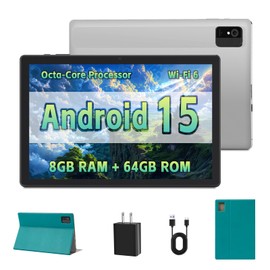 10 inch Tablet - Android 15 Tablet for Adults - Google Tablet Computer with HD IPS Touch Display, Octa-Core, 8GB RAM 64GB ROM, 512GB Expand, Wi-Fi 6 (2.4G + 5G), Dual Camera, 5000mAh Battery - Silver