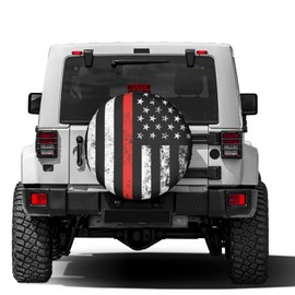 Foruidea USA Patriotic Firefighter Thin Red Line Flag Spare Tire Cover Dust-Proof Wheel Tire Cover Fit Trailer, RV, SUV and Many Vehicle (14, 15, 16, 17 Inch)