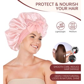 HiRui Silk Satin Bonnet for Sleeping Women, Double-Layer Sleep Cap Shower Cap with Adjustable Tie, Moisture Retaining Satin Lined Hair Bonnet for Curly and Natural Hair (Pink, Medium)