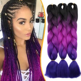 Silk-co Ombre Braiding Hair Synthetic Braid Hair Extensions Afro Jumbo Braids 3 Bundles 24" [300g; Black-Purple-Blue]