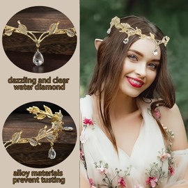 Yuqilin Princess Crystal Crown, Goddess Tiara, Elf Crown, Elf Headpiece, Leaf, Crystal Crown, Elf, Cosplay, Fairy Costume, Women's Headband Tiara, for Cosplay, Renaissance, Bridesmaids (Gold)