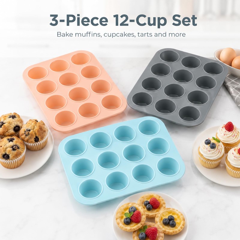 3‑Pack 12‑Cup Mini Silicone Muffin Pan, Non‑Stick Mini Cupcake Baking