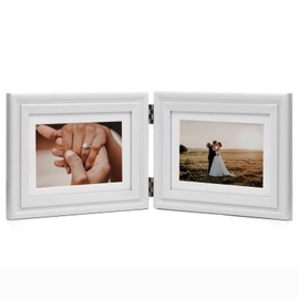 WISADD Horizontal 5X7 Picture Frames Double Hinged Wood Folding Photo Frames with Real Glass Front Fit for Desktop or Tabletop Display Pictures 4x6 with Mat or 5x7 Without Mat, White