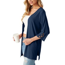IWOLLENCE Ladies Summer Cardigan Open Front 3/4 Sleeve with Criss-Cross Detail Lightweight Wrinkle-Free Womens Beach Cover Up Navy Blue