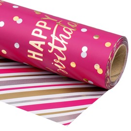 LeZakaa Reversible Pink Birthday Wrapping Paper Roll for Girls Women, Happy Birthday Lettering & Stripe Pattern with Metallic Foil in Rose Pink, Mini Roll, 17 inches x 32.8 Feet (46.45 sq.ft.)