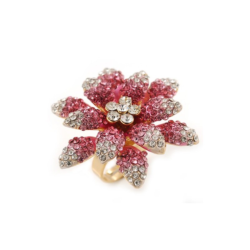 Avalaya Large Dimensional Clear/Pink Diamante Narcissus Cocktail Ring In Gold