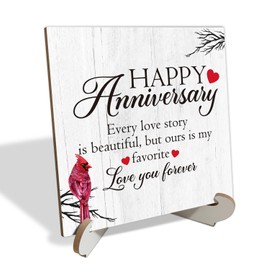 Happy Anniversary Wedding Gifts Desk Decor Gift Wood Sign Plaque with Wooden Stand Tabletop Decorations - Elegant Wedding and Marriage Gifts for Couples Brides 4 X 4 Inches - FS75
