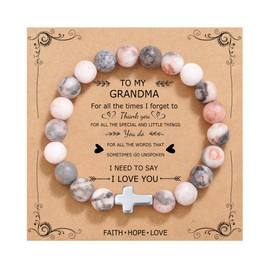QWNHONEY Gifts for Grandma Mothers Day Birthday Christmas Cross Beads Bracelet Pink Nature Stone Catholic Religious Jewelry Gifts