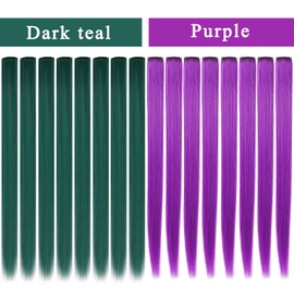 SARARHY Colored Hair Extensions Clip in Holiday Party Highlights 21 inch Straight Synthetic Dark teal Purple Hairpieces for Girls Women Girls Hair Accessories 16 PCS (Dark teal+Purple)