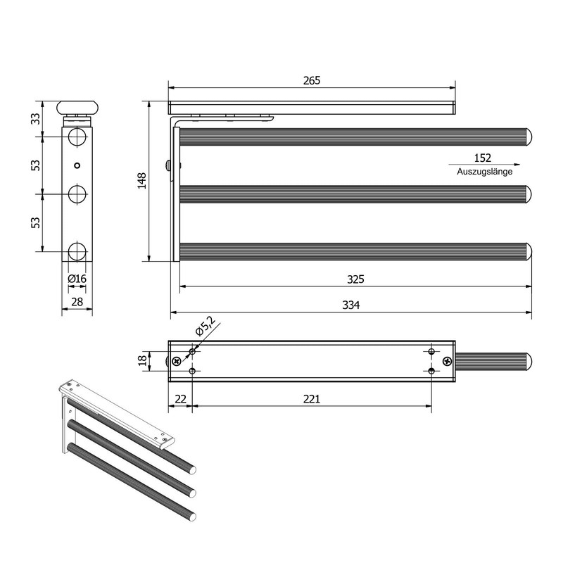 SOTECH TED Aluminium Towel Rail 3-Arm Black Matt (325-487 mm,
