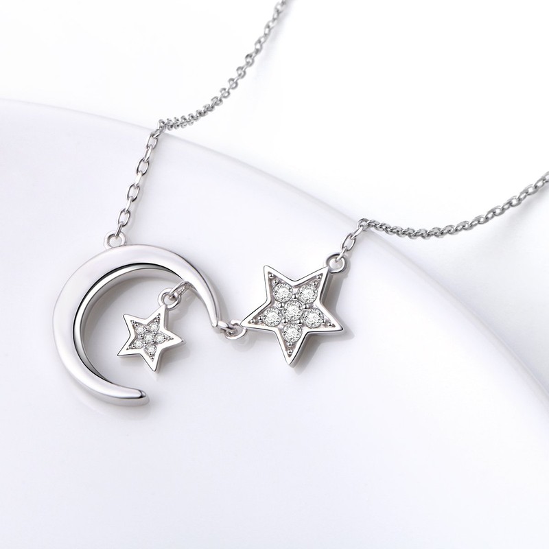 Ladytree S925 Sterling Silver Bling CZ Crescent Moon Star Jewelry