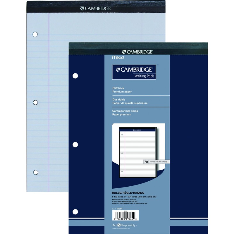 Cambridge Headstrip Office Pad, 8-1/2 X 11-3/4 Inches, Wide Ruled,