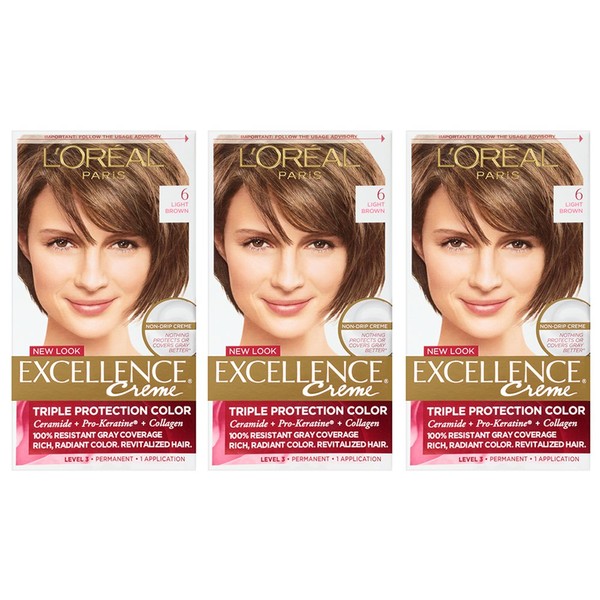 L'Oreal Paris Excellence Creme, 6 Light Brown, Pack of 3, (Packaging May Vary)