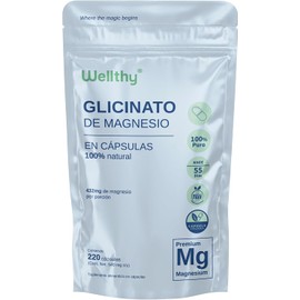 Wellthy Glicinato de Magnesio 220 Cápsulas 432mg. 100 Natural, Alta Absorción, Cápsulas Veganas, Bottle Free.
