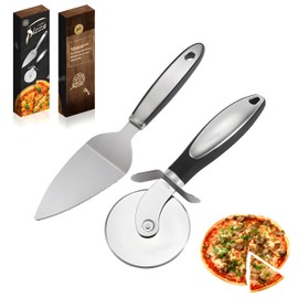 ORAGKE Pizzaschneider Set, Pizzaroller Kuchenheber 2 in 1 mit Rutschfestem Griff, Pizza Schneider Edelstahl Spülmaschinenfest, Pizza Cutter und Tortenheber für Pizza, Torten, Waffeln, Kuchen, Teige