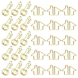Luggspa 100 Pcs Gold of House and Key Shaped Paper Clip Set, 50 Pieces of House Paper Clip and 50 Pieces of Key Paper Clip for Office, Home and Real Estate Professionals (Gold House+Key)
