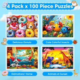 Ciavotie 4 Packs 100 Piece Puzzles for Kids Ages 4-6-8-10, Donuts Insects Dalmatians Animals Large Piece Jigsaw Puzzles for Children Senior Adult Educational Puzzle Toys Preschool Birthday Gifts