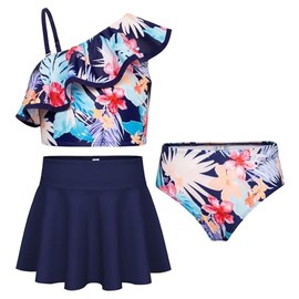 GRACE KARIN Girls 3 Pieces Swimwear Set Summer Adjustable Strap Ruffle Bikini with Skirt Navy Blue Floralr 6 Years