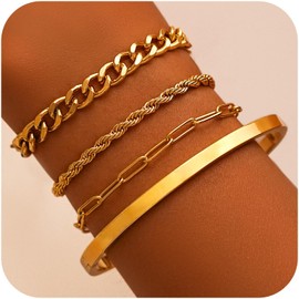 AamAccess Gold Bracelets for Women Trendy, 14K Gold Plated Stackable Adjustable Charm Paperclip Chain Cuban Link Layered Waterproof Jewelry Bracelet Set Gift (Fashion Decor 4)