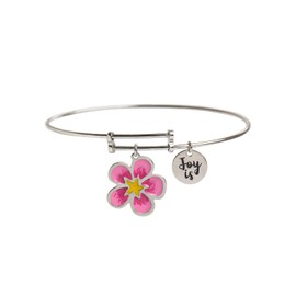 AKA Gioielli® - Joy Collection Women's Bangle Bracelet 925 Sterling Silver Rhodium-Plated with Pink Flower Pendant, Sterling Silver