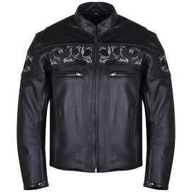 Vance Leather Men's Stand Up Collar Premium Motorcycle Jacket with Reflective Skulls and Inside Conceal Carry Pockets