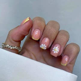 24Pcs Yellow French Press on Nails Short Square,ZIFANHU Pink Fake Nails Press ons Nail Art Tips Glue on Nails Full Cover Summer False Nails with Daisy Design Stick on Nails Acrylic Kit for Women