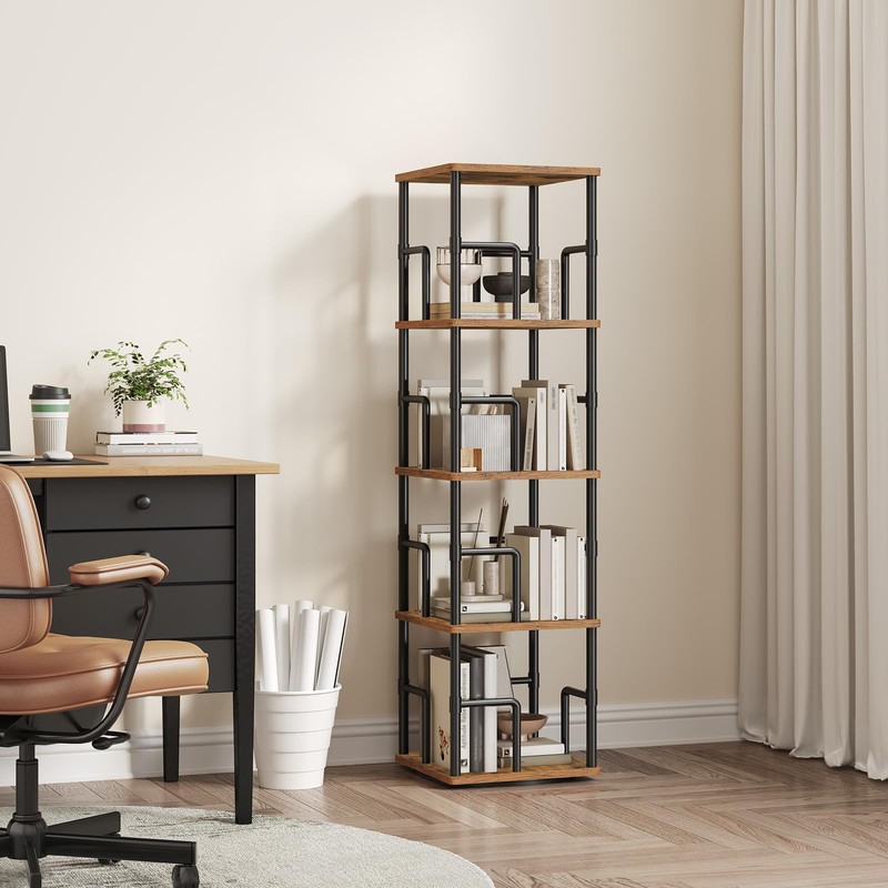 MAHANCRIS 4-Tier Rotating Bookshelf, Freestanding Corner Bookshelf, 360° Spinning Bookcase,
