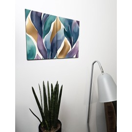 The Plum Penguin Abstract Ogee Watercolor Wood Wall Art, A4 MDF Pair, Blue Teal Purple with Gold Splashes Canvas Alternative 40 x 30cm