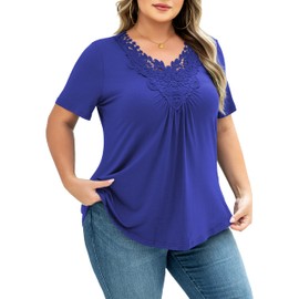 Tralilbee Womens Plus Size Pleated Tunic Tops Short Sleeve Swing Flowy Summer Shirts, Royal Blue, L
