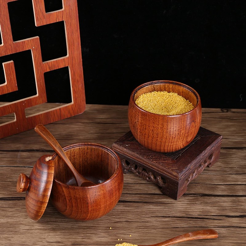 2-Pack Wood Salt Box Spice Jar, Natural Wooden Salt Cellar