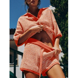 Tankaneo Womens Sweater Set 2 Piece Outfits Oversized 3/4 Sleeve V Neck Knit Tops High Waisted Shorts Lounge Sets